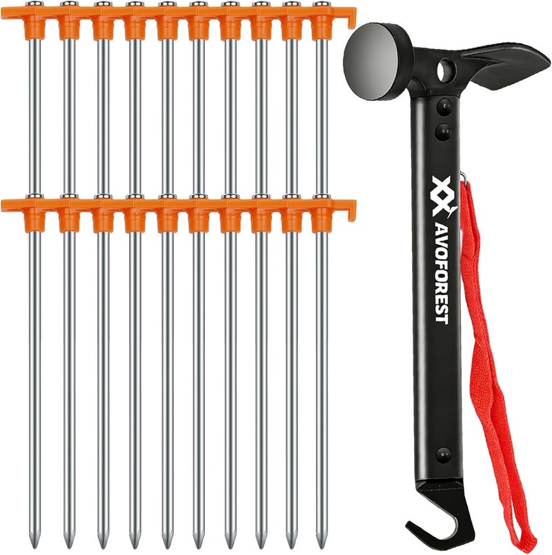 AVOFOREST 20 Pcs Tent Stakes with Camping Hammers, 7.1 Inch Non-Rust Metal Tent Pegs + Portable Tent Stakes Hammers Ground Stakes and Tent Accessories Camping with Storage Bag,Garden,Hiking - Image 1